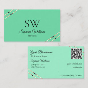 Light Teal with Rose Gold Lines Monogram QR Code Business Card