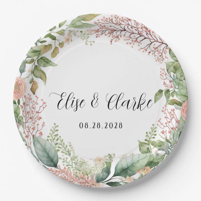 Light Terracotta and Sage Green Peonies Wedding Pa Paper Plate (Front)