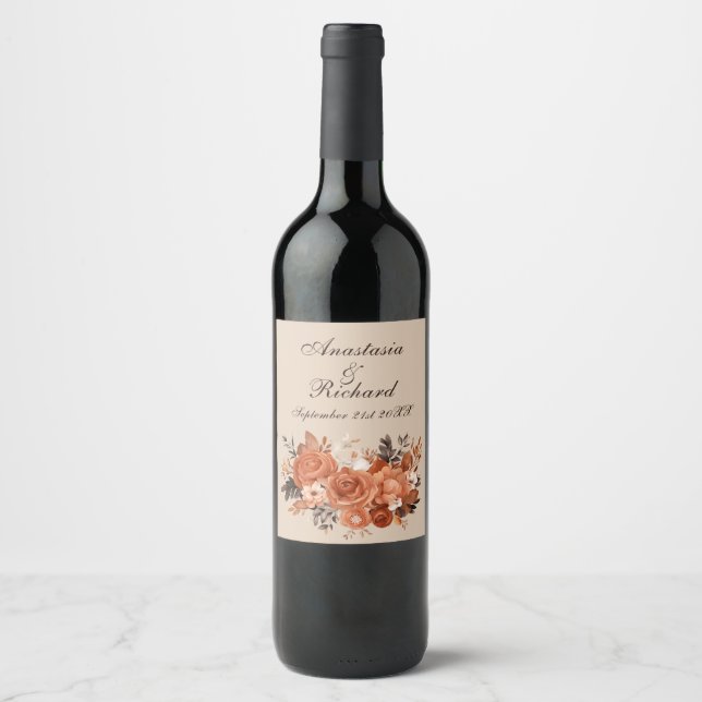 Light Terracotta Burnt Orange Wedding Wine Label (Front)