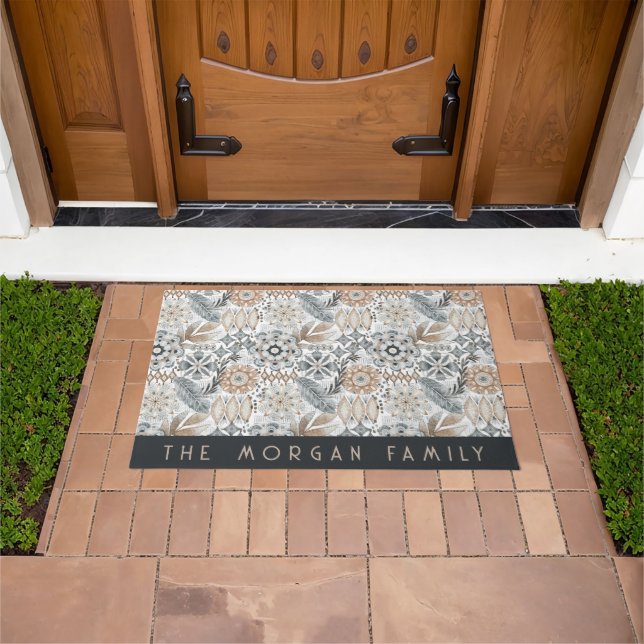 Light Terracotta Grey Botanical Boho Family Name Doormat (Outdoor)