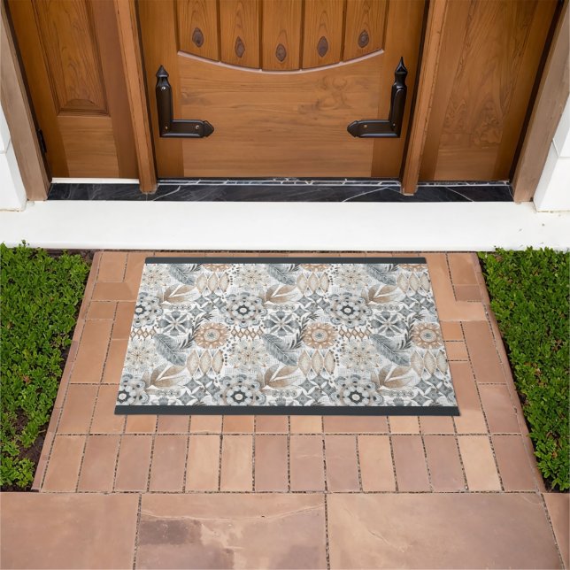 Light Terracotta Grey Botanical Boho Pattern Doormat (Outdoor)