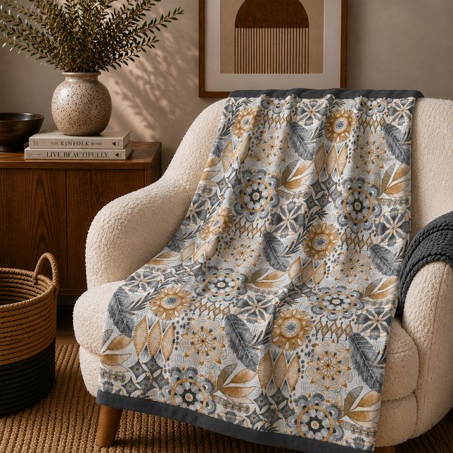 Light Terracotta Grey Botanical Boho Pattern Fleece Blanket (Creator Uploaded)