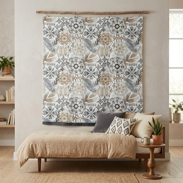 Light Terracotta Grey Botanical Boho Pattern Tapestry (Creator Uploaded)