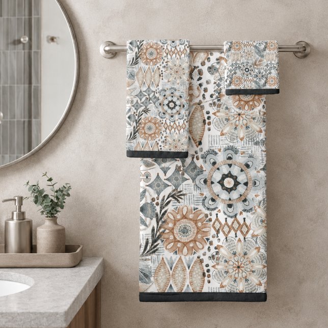Light Terracotta Grey Botanical Pattern Bath Towel Set (Creator Uploaded)