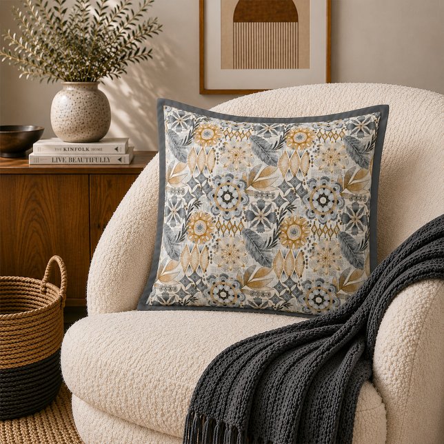 Light Terracotta Grey Botanical Pattern Cushion (Creator Uploaded)