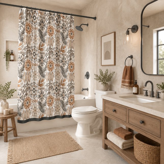 Light Terracotta Grey Botanical Pattern Shower Curtain (Creator Uploaded)