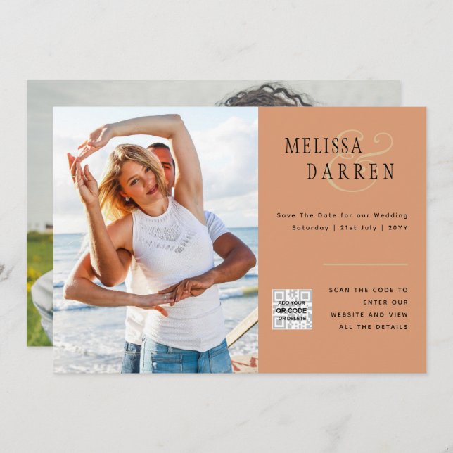 Light Terracotta PHOTO Wedding SAVE DATE QR CODE Invitation (Front/Back)