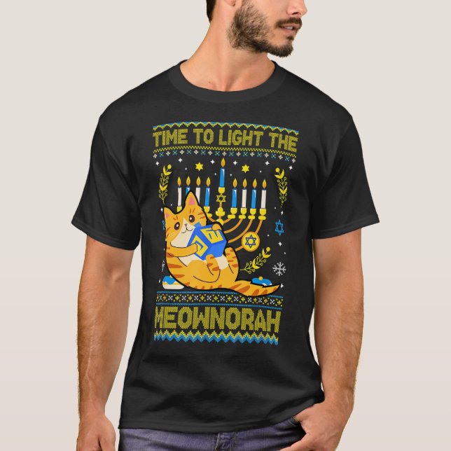 Light The Meownorah Jewish Cat Menorah  Ugly Chanu T-Shirt (Front)