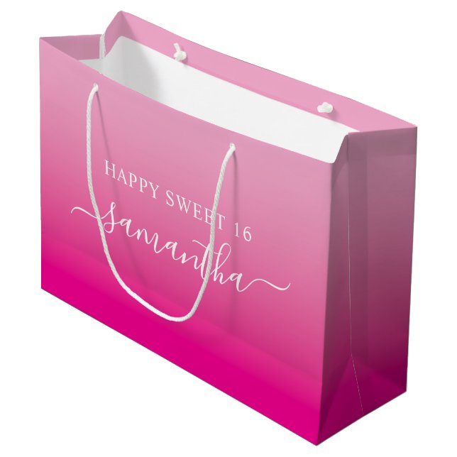 Light to Hot Pink Elegant Script Signature Name Large Gift Bag (Front Angled)