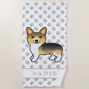 Light Tricolor Pembroke Welsh Corgi Dog & Name Beach Towel