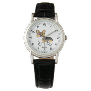 Light Tricolor Pembroke Welsh Corgi Dog & Name Watch