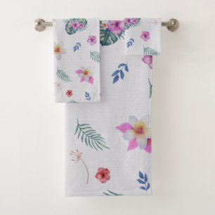Light Tropical Watercolor Flowers Botanical Bath Towel Set