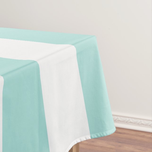 Light Turquoise and White Wide Horizontal Striped Tablecloth (In Situ)