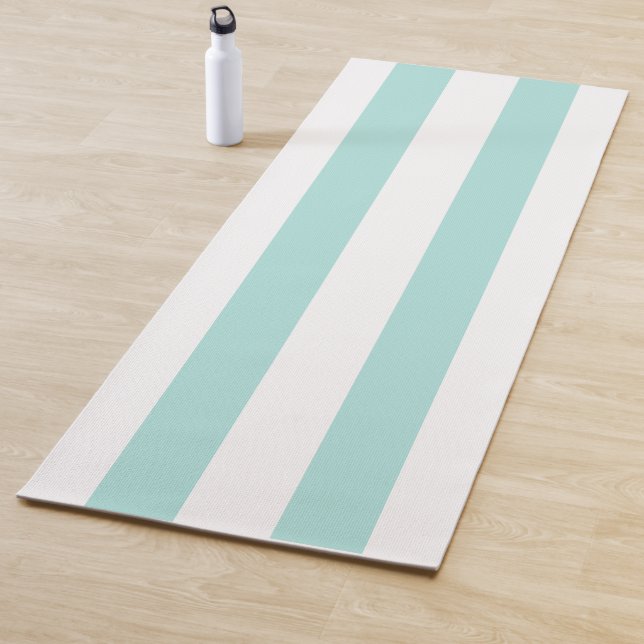 Light Turquoise and White Wide Horizontal Striped Yoga Mat (In Situ)