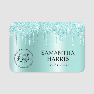 Light Turquoise Glitter Drips Pale Teal Shimmer Name Tag