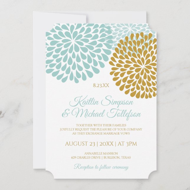 Light Turquoise & Gold Wedding Invitations (Front)