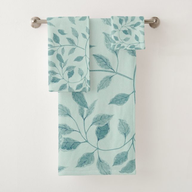 Light Turquoise Leaf Pattern Bath Towel Set (Insitu)