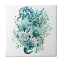 Light Turquoise Seahorse Ceramic Tile