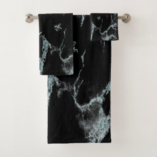 Light Turquoise Vein Black Marble Look Bath Towel Set