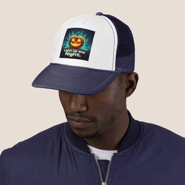 Light Up the Night Halloween Pumpkin Trucker Hat (In Situ)