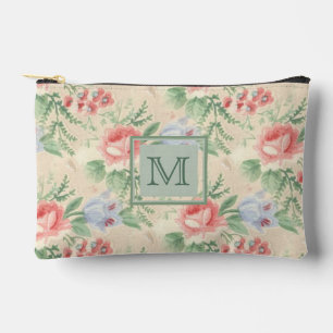 Light Vintage Pink Floral Pattern Monogram Accessory Pouch