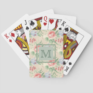 Light Vintage Pink Floral Pattern Monogram Playing Cards