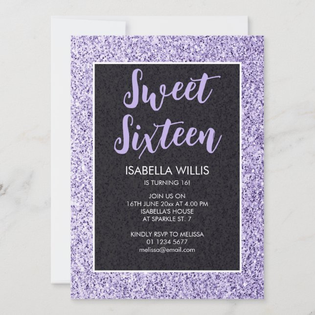 Light violet sparkles Sweet 16 elegant script Invitation (Front)