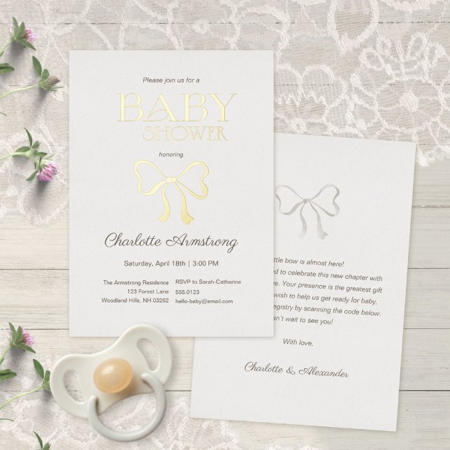 Light Warm Cream Elegant Bow Baby Shower (Subtle Warm Cream Elegant Bow Baby Shower Foil Invitation ©Susanne Sachers - Sunny Mind 🌞)