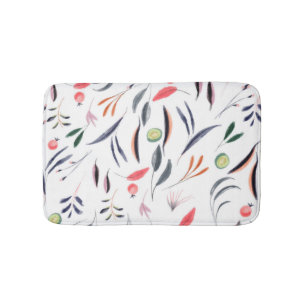 Light Watercolor Leaves and Berries Pattern Bath Mat