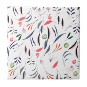 Light Watercolor Leaves and Berries Pattern Tile