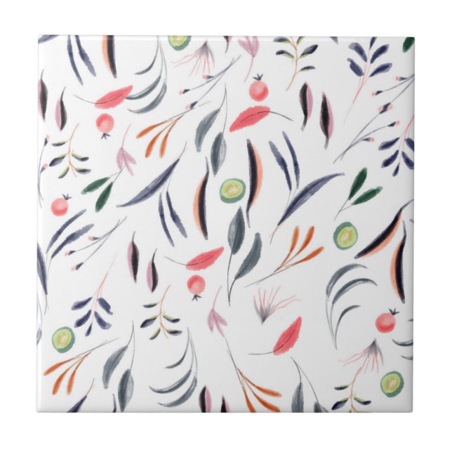 Light Watercolor Leaves and Berries Pattern Tile (Front)