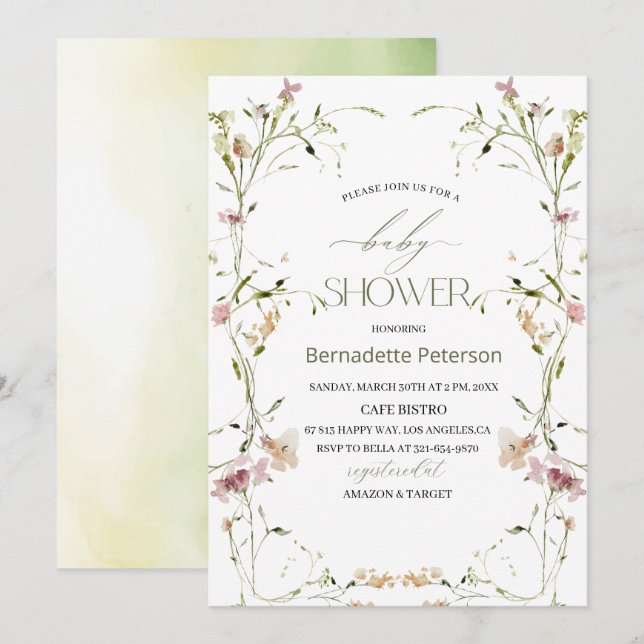 Light  Watercolor Wildflowers  Baby Shower Invitation (Front/Back)