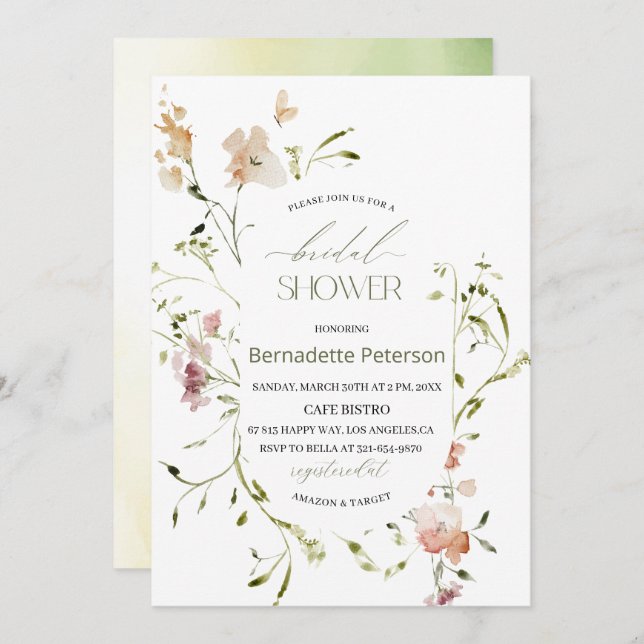 Light  Watercolor Wildflowers  Bridal Shower Invitation (Front/Back)