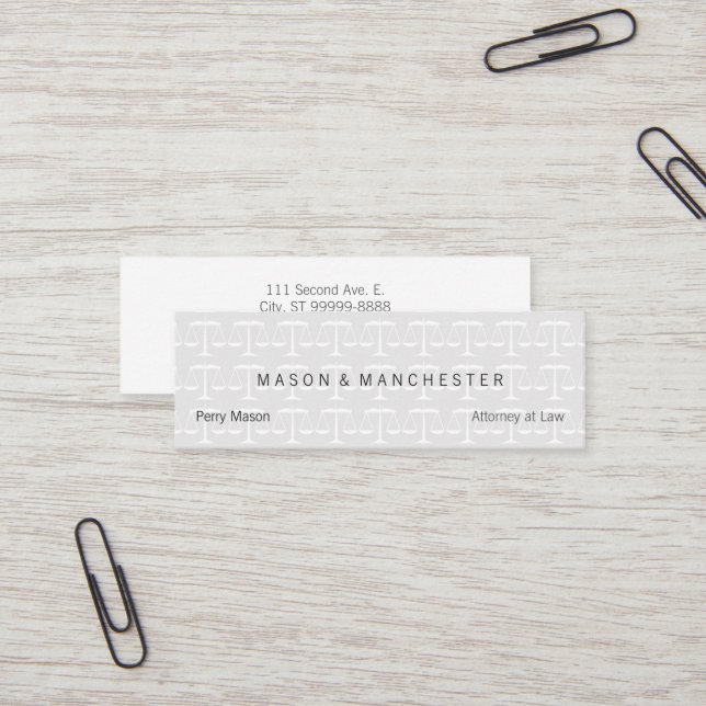 Light White "Watermark Style" Scales of Justice Mini Business Card (Front/Back In Situ)