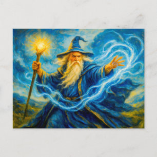 Light-wielding mage in fantasy oil art holiday postcard