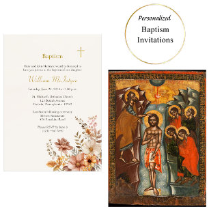 Light Wine Boho Flowers Leaves Orthodox Baptism Invitation