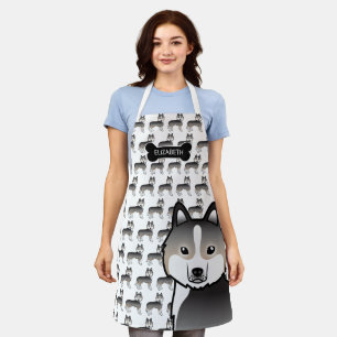 Light Wolf Grey Siberian Husky Cartoon Dog & Name Apron