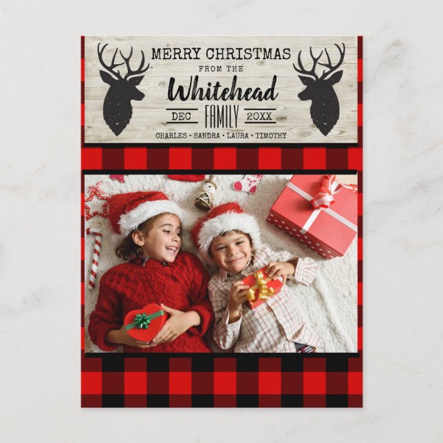 Light Wood Deer Red Black Buffalo Plaid Photo Holiday Postcard (Front)