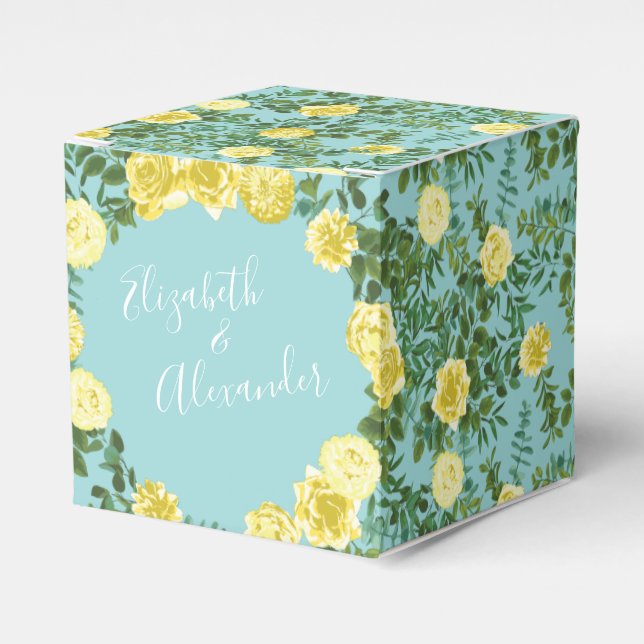 Light Yellow & Aqua Teal Rose Floral Wedding Favour Box (Front Side)