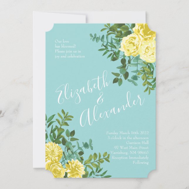 Light Yellow & Aqua Teal Rose Floral Wedding Invitation (Front)