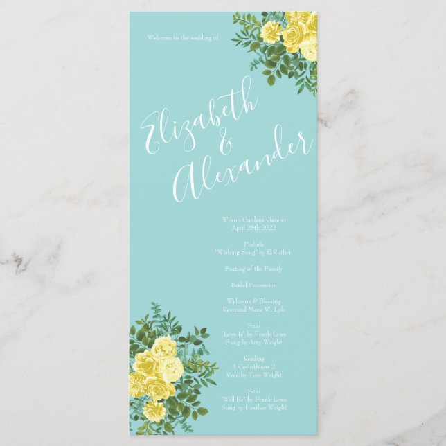 Light Yellow Aqua Teal Rose Wedding Programs Menu (Front)