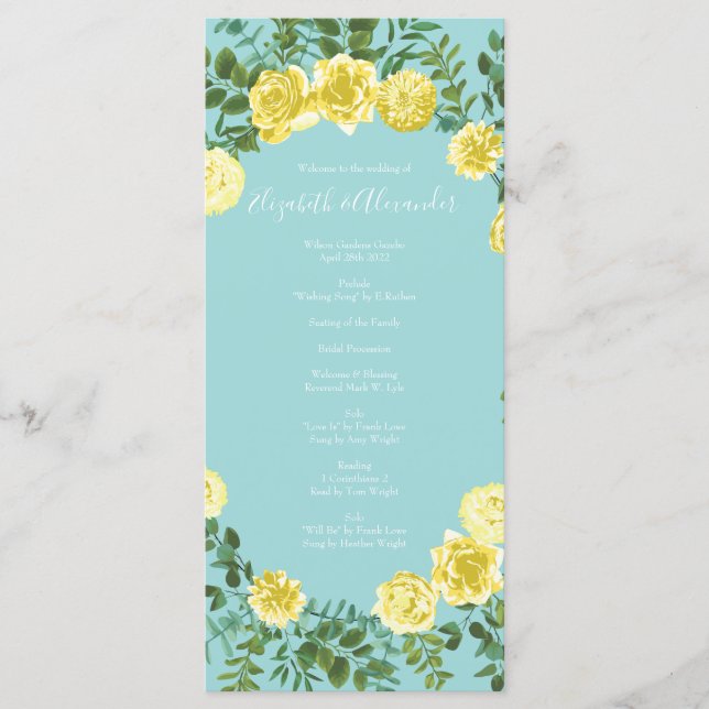 Light Yellow Aqua Teal Rose Wedding Programs Menu (Front)