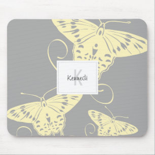 Light Yellow Butterfly Design On Grey Mousepad
