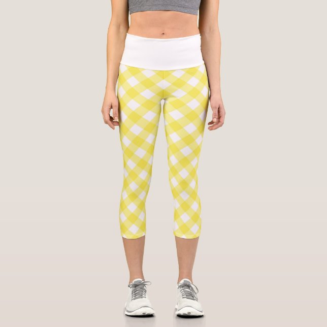 Light Yellow Classic Gingham Pattern Capri Leggings (Front)