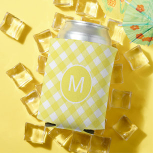 Light Yellow Classic Gingham Pattern Monogram Can Cooler