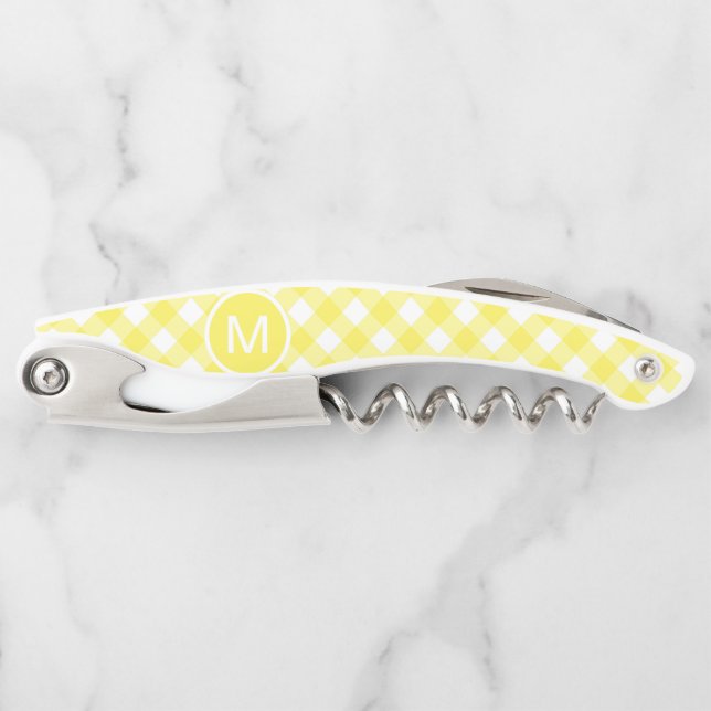 Light Yellow Classic Gingham Pattern Monogram Corkscrew (Front)