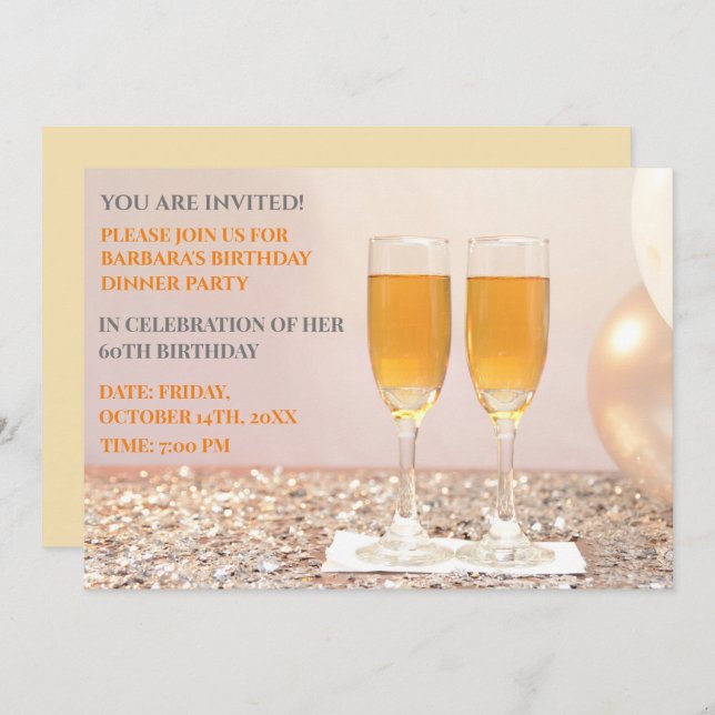 Light yellow gold 60th birthday champagne  invitation (Front/Back)