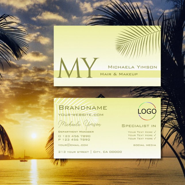 Light Yellow Gradient Palm Leaf Monogram and Logo Business Card (Creator Uploaded)