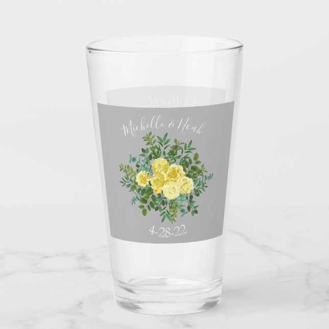 Light Yellow & Grey Peony & Rose Floral Wedding Glass (Front)