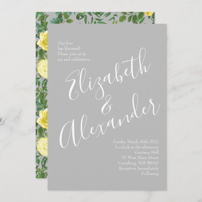 Light Yellow & Grey Peony & Rose Floral Wedding Invitation (Front/Back)